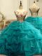 Scoop Sleeveless Lace Up Ball Gown Prom Dress Teal Organza