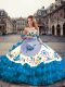 Hot Sale Floor Length Lace Up Sweet 16 Quinceanera Dress Blue And White for Military Ball and Sweet 16 and Quinceanera with Embroidery and Ruffled Layers