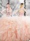 Dazzling Peach Straps Lace Up Beading and Ruffles Quinceanera Gown Sleeveless