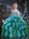 Low Price Teal Tulle Lace Up Straps Sleeveless Floor Length Little Girl Pageant Dress Beading and Ruffles