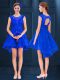 Customized A-line Vestidos de Damas Royal Blue Scoop Satin and Lace Sleeveless High Low Lace Up
