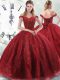 Sophisticated Wine Red Lace Up Off The Shoulder Beading Sweet 16 Dress Tulle Sleeveless Brush Train