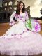 Attractive White Ball Gowns Organza Square Long Sleeves Embroidery and Ruffled Layers Floor Length Lace Up Quinceanera Dresses