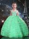 Floor Length Lace Up Pageant Gowns For Girls Apple Green for Quinceanera and Wedding Party with Beading and Ruffled Layers