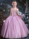 Stylish Rose Pink Ball Gowns Tulle Straps Sleeveless Beading Floor Length Lace Up Little Girls Pageant Dress Wholesale