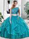 Floor Length Zipper Quinceanera Gown Teal for Military Ball and Sweet 16 and Quinceanera with Lace and Embroidery and Ruffles