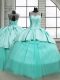 On Sale Turquoise Sleeveless Tulle Brush Train Lace Up Quince Ball Gowns for Military Ball and Sweet 16 and Quinceanera