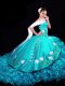 Chic Aqua Blue Sweetheart Lace Up Embroidery and Ruffles Sweet 16 Dresses Brush Train Sleeveless