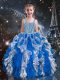 Classical Blue Ball Gowns Organza Straps Sleeveless Beading and Ruffles Floor Length Lace Up Little Girls Pageant Gowns