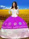 Noble Fuchsia Off The Shoulder Neckline Embroidery Quinceanera Dress 3 4 Length Sleeve Lace Up