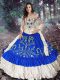 Wonderful Royal Blue Off The Shoulder Neckline Embroidery and Ruffled Layers Quince Ball Gowns Sleeveless Lace Up