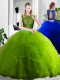 Floor Length Olive Green 15 Quinceanera Dress Tulle Sleeveless Lace and Ruffles