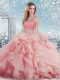 Baby Pink Ball Gowns Satin Scoop Sleeveless Beading and Ruffles Floor Length Clasp Handle Quinceanera Gown