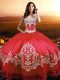 Strapless Sleeveless Sweet 16 Quinceanera Dress Floor Length Beading and Appliques and Embroidery Coral Red Taffeta