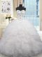 Flare Sleeveless Organza Brush Train Lace Up 15th Birthday Dress in White with Beading and Ruffles