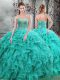 Wonderful Turquoise Organza Lace Up Quinceanera Gown Sleeveless Floor Length Beading and Ruffles