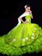 Top Selling Yellow Green Sleeveless Brush Train Embroidery and Ruffles 15th Birthday Dress