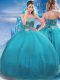 Chic Floor Length Lace Up 15 Quinceanera Dress Teal for Military Ball and Sweet 16 and Quinceanera with Appliques