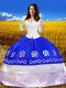 Luxury Royal Blue Ball Gowns Embroidery Quinceanera Dress Lace Up Taffeta 3 4 Length Sleeve Floor Length