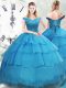 Baby Blue Lace Up Quinceanera Dress Beading and Ruffled Layers Sleeveless Brush Train