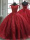 Sleeveless Tulle Brush Train Lace Up Quinceanera Gown in Wine Red with Beading