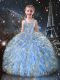 Straps Sleeveless Little Girl Pageant Gowns Floor Length Beading and Ruffles Light Blue Organza