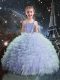 Pretty Sleeveless Floor Length Beading and Ruffles Lace Up Little Girls Pageant Gowns with Light Blue
