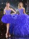 Blue Ball Gowns Beading and Ruffles 15 Quinceanera Dress Lace Up Organza Sleeveless Floor Length