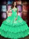 Sweet Turquoise Vestidos de Quinceanera Military Ball and Sweet 16 and Quinceanera with Embroidery and Ruffled Layers Off The Shoulder Sleeveless Lace Up