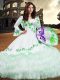 Dazzling White Sweet 16 Quinceanera Dress Military Ball and Sweet 16 and Quinceanera with Embroidery and Ruffled Layers Square Long Sleeves Lace Up