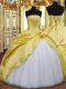 Stylish Floor Length Lace Up Quinceanera Dresses Gold for Military Ball and Sweet 16 and Quinceanera with Beading and Hand Made Flower