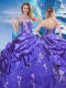 Modern Floor Length Zipper Quince Ball Gowns Purple for Military Ball and Sweet 16 and Quinceanera with Appliques and Pick Ups