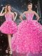 Sleeveless Organza Floor Length Lace Up Ball Gown Prom Dress in Rose Pink with Beading and Ruffles