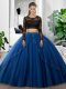 Blue Tulle Backless Scoop Long Sleeves Floor Length Quinceanera Gowns Lace and Ruching
