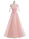 Flirting Floor Length A-line Short Sleeves Pink Prom Evening Gown Zipper