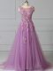 Lilac Scoop Neckline Appliques and Pattern Prom Evening Gown Sleeveless Lace Up