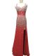 Deluxe Straps Sleeveless Prom Dress Brush Train Beading Burgundy Chiffon