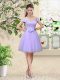 High Class Lace and Belt Dama Dress for Quinceanera Lilac Lace Up Cap Sleeves Knee Length