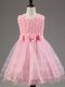 Admirable Scoop Sleeveless Little Girls Pageant Gowns Knee Length Ruffled Layers and Hand Made Flower Baby Pink Tulle