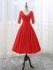 Red A-line V-neck Half Sleeves Lace Tea Length Lace Up Lace and Appliques Prom Evening Gown