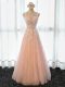 Shining Peach A-line Appliques Prom Dresses Lace Up Tulle Sleeveless Floor Length