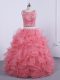 Romantic Watermelon Red Ball Gown Prom Dress Military Ball and Sweet 16 and Quinceanera with Beading and Ruffles Scoop Sleeveless Zipper
