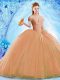 Edgy Off The Shoulder Sleeveless Vestidos de Quinceanera Brush Train Beading Orange Organza