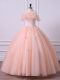 Peach Lace Up Off The Shoulder Lace and Appliques 15th Birthday Dress Tulle Short Sleeves