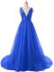 Royal Blue Prom Dresses Organza Brush Train Sleeveless Ruching
