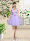 Lace and Belt Quinceanera Court Dresses Lilac Lace Up Sleeveless Knee Length