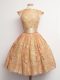 Gold Ball Gowns Belt Court Dresses for Sweet 16 Lace Up Lace Cap Sleeves Knee Length