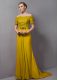 Noble Empire Short Sleeves Yellow Dress for Prom Sweep Train Zipper