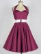 Ideal Burgundy A-line Taffeta Halter Top Sleeveless Belt Knee Length Lace Up Court Dresses for Sweet 16