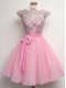Rose Pink Vestidos de Damas Prom and Party and Wedding Party with Lace and Belt Scalloped Cap Sleeves Lace Up